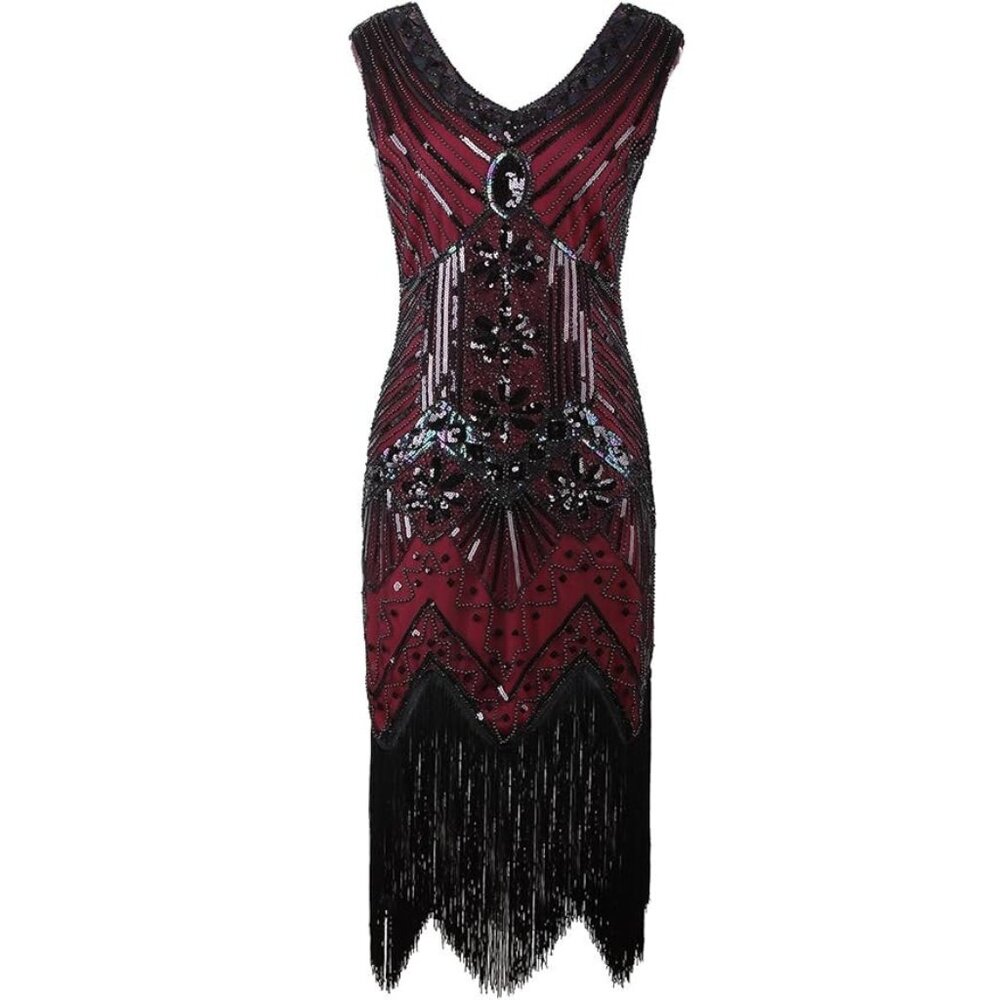 Women XL Flapper dress costume halloween maroon Burgundy wine fringe black Party - Picture 11 of 14